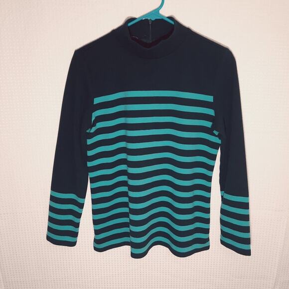 Talbots M Blue Striped Mock Neck Top Back Zip Stretch Cotton Modal Long Sleeve - Picture 1 of 5